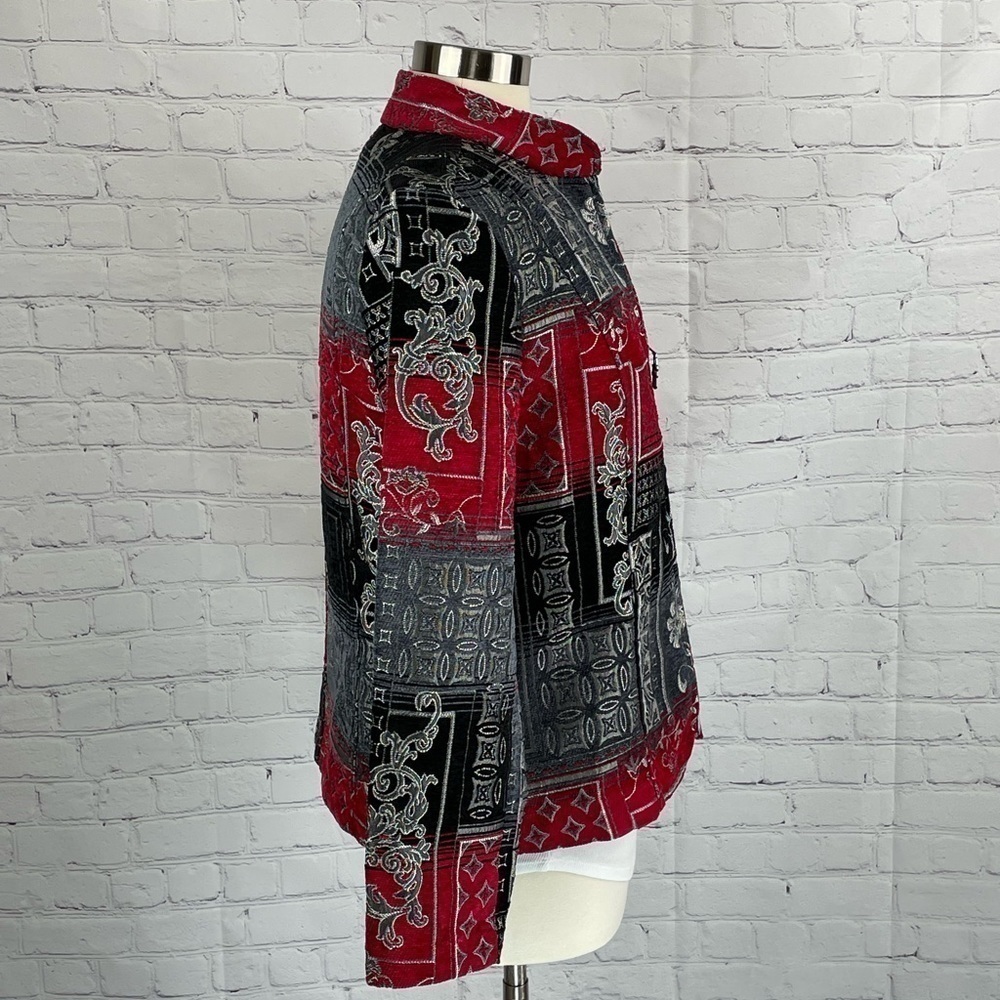Christopher & Banks Zip Tapestry Blazer Red/Gray/Black Mandarin Collar Large - Picture 4 of 10